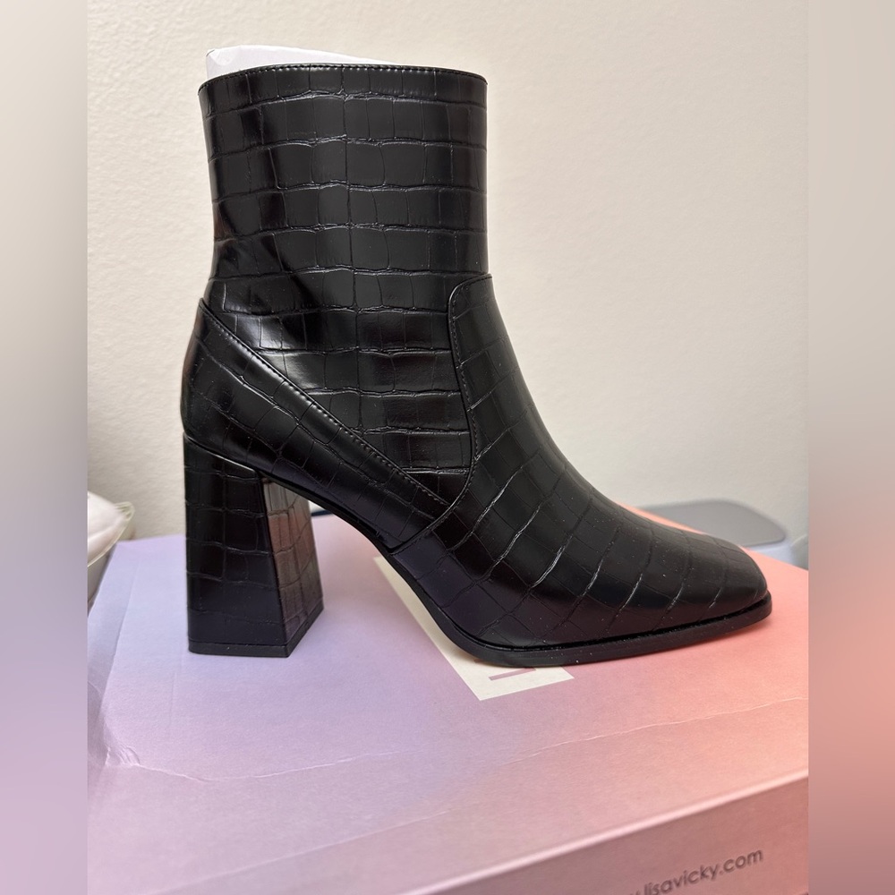 Lisa Vicky- Black Croc-Embossed Heeled Boots with Square Toe